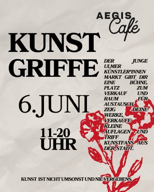 Kunstgriffe Markt 6. Juni 2026 - 11 bis 20 Uhr

DER JUNGE ULMER KÜNSTLER*INNEN MARKT GIBT DIR EINE BÜHNE, PLATZ ZUM VERKAUF UND RAUM FÜR AUSTAUSCH.
ZEIG DEINE WERKE, VERKAUFE KLEINE AUFLAGEN UND TRIFF KUNSTFANS AUS DER STADT.

Alle Infos in den Slides!

Wir freuen uns auf euch! 🫶